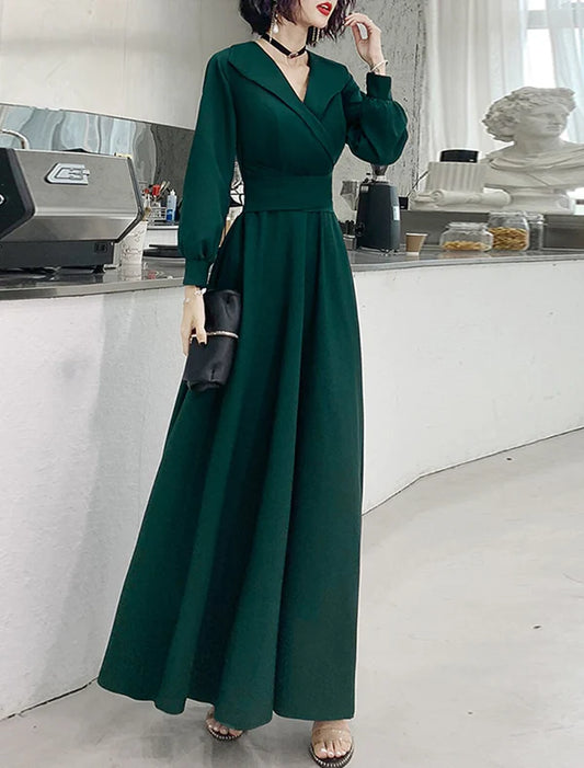 A-Line Evening Gown Minimalist Dress Prom Formal Evening Floor Length Long Sleeve V Neck Stretch Fabric with Sash