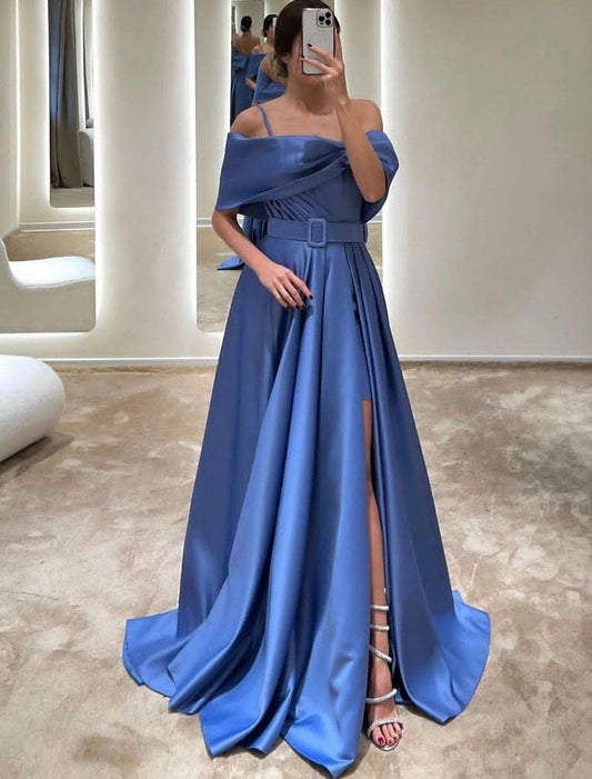 A-Line Evening Gown Elegant Dress Formal Floor Length Sleeveless Off Shoulder Satin with Crystals Slit