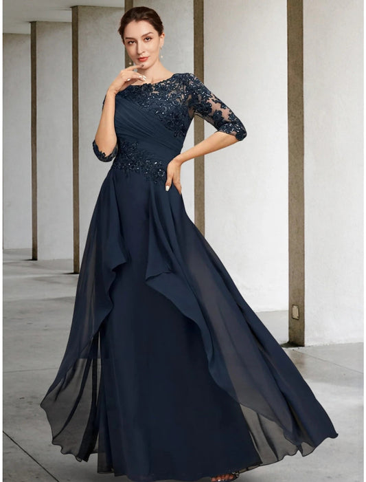 A-Line Mother of the Bride Dress Wedding Guest Elegant Scoop Neck Floor Length Chiffon Lace Half Sleeve with Sequin Ruching