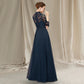 A-Line Mother of the Bride Dress Elegant High Neck Floor Length Chiffon Lace Short Sleeve