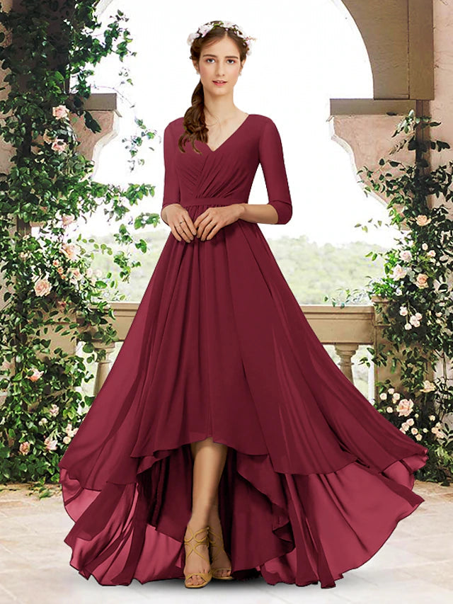 A-Line Bridesmaid Dress V Neck 3/4 Length Sleeve Elegant Sweep / Brush Train / Asymmetrical Chiffon