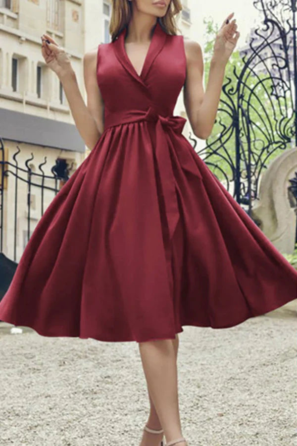 Fashionable and sexy solid color tie up V-neck A-line evening dress Party Dress
