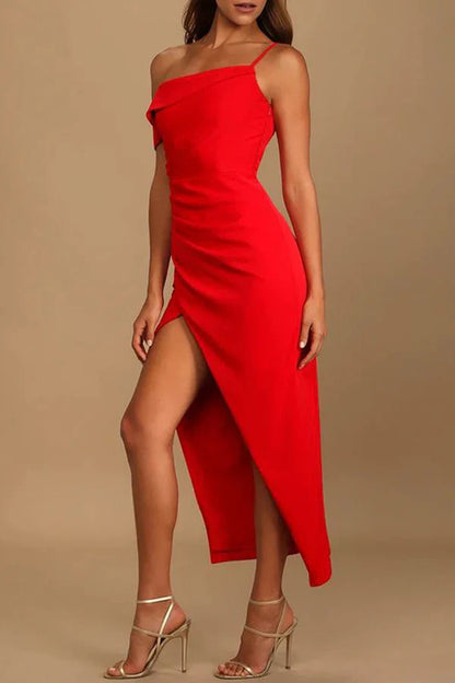 Sexy elegant solid color slit asymmetrical and irregular evening dress Party Dress