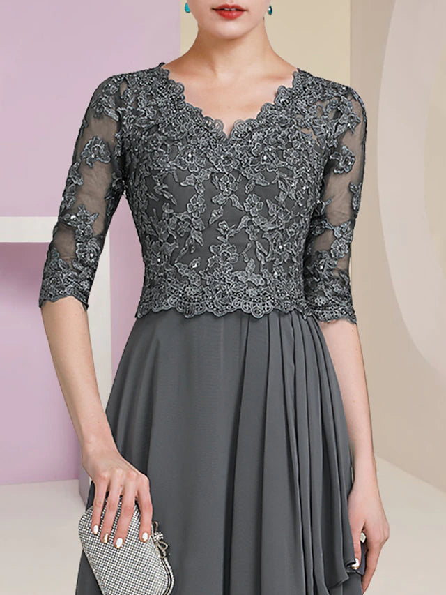 A-Line Mother of the Bride Dress Formal Luxurious Elegant V Neck Floor Length Chiffon Lace Half Sleeve with Pleats Beading