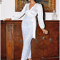 Sheath / Column Evening Gown Sparkle & Shine Dress Formal Fall Ankle Length Long Sleeve V Neck Satin with Glitter Bow(s)