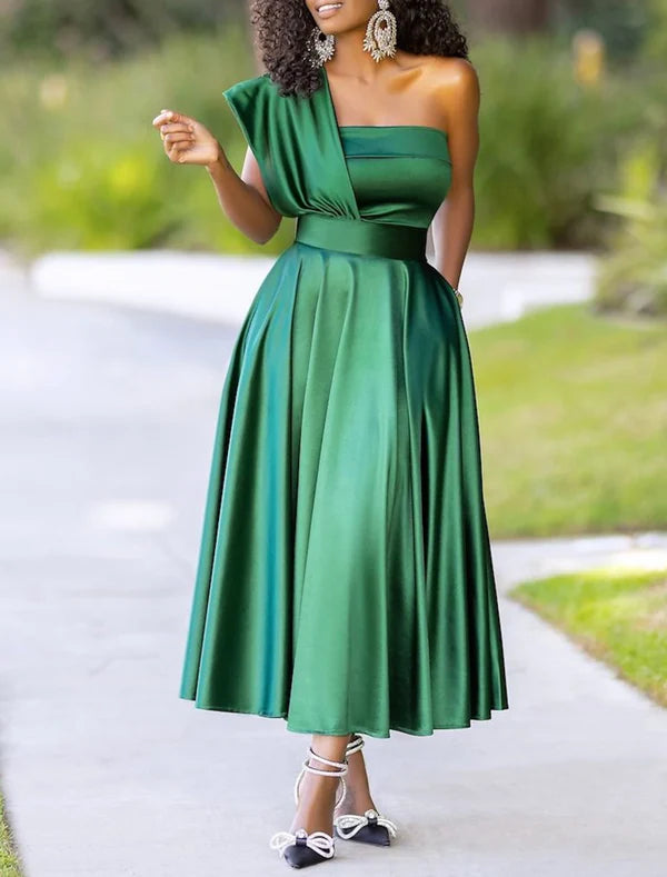 A-Line Cocktail Dresses Plus Size Dress Wedding Guest Party Wear Ankle Length Sleeveless One Shoulder Charmeuse