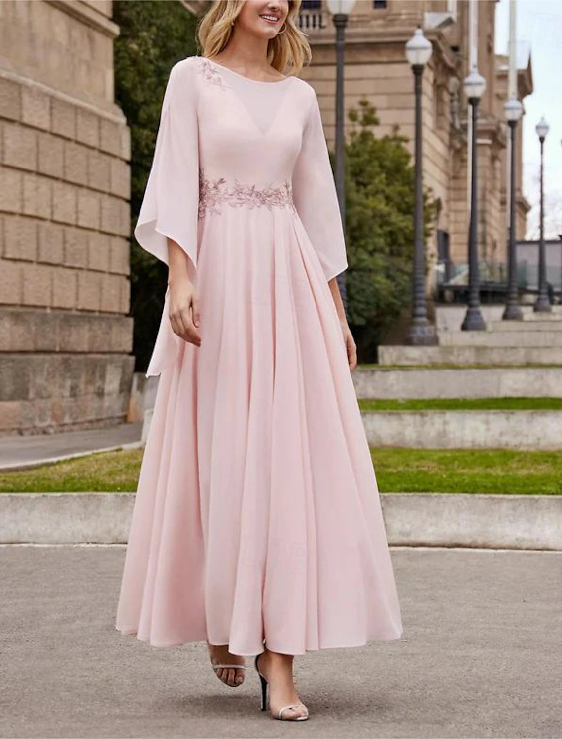 A-Line Mother of the Bride Dress Formal Wedding Guest Elegant Dress Bateau Neck Ankle Length Chiffon 3/4 Length Sleeve with Beading Beautiful