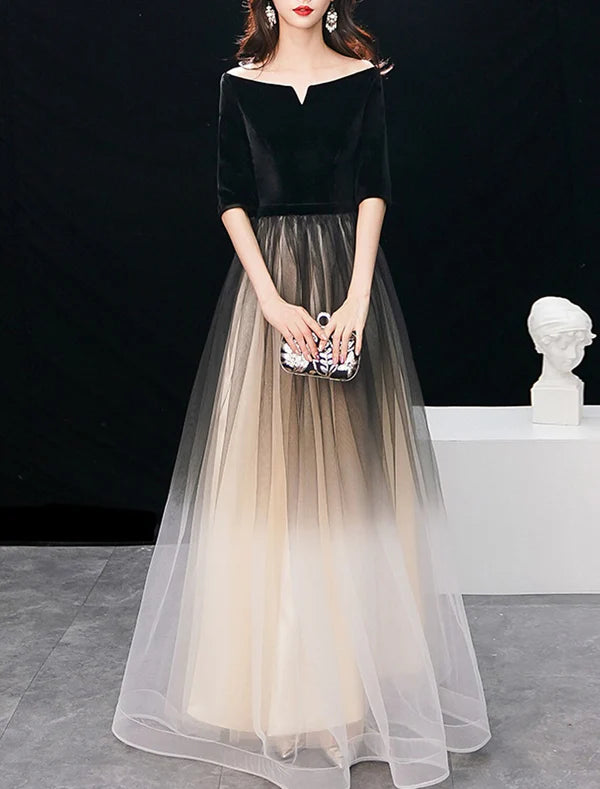 A-Line Elegant Gradient Prom Formal Evening Dress Jewel Neck Half Sleeve Floor Length Tulle with Sleek Party Dresses