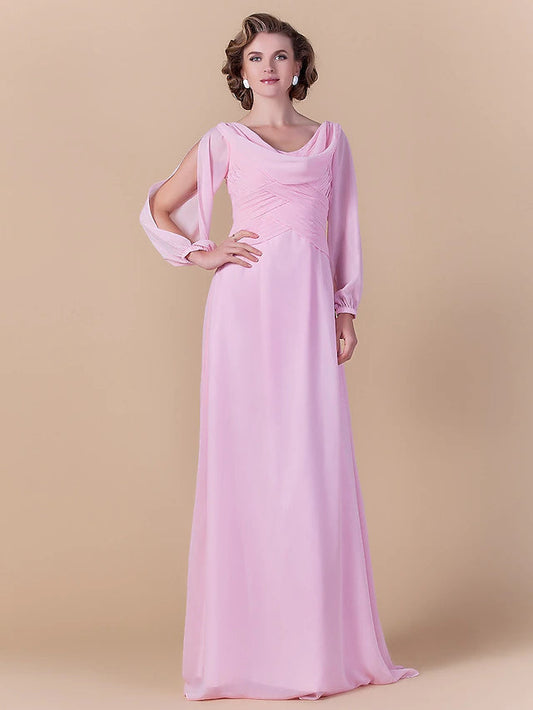 Sheath / Column Mother of the Bride Dress Vintage Inspired Cowl Neck Floor Length Chiffon Long Sleeve with Criss Cross