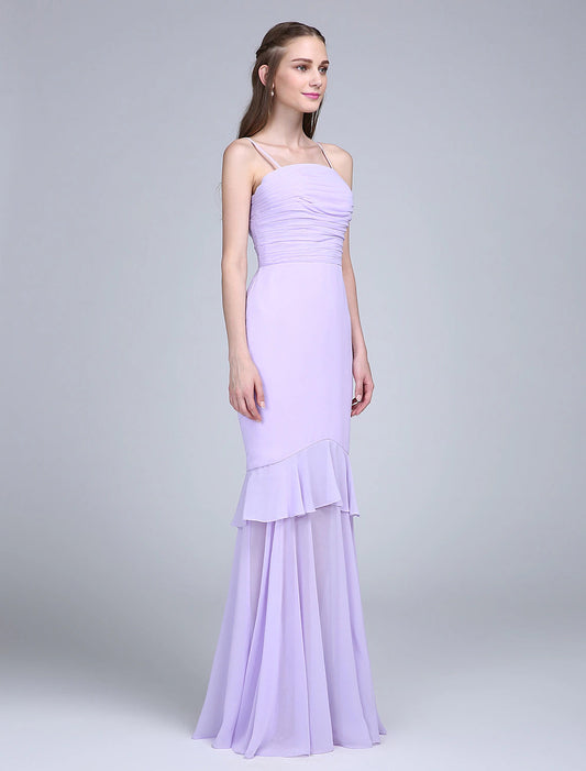 Fit & Flare Bridesmaid Dress Spaghetti Strap Sleeveless Elegant Floor Length Chiffon