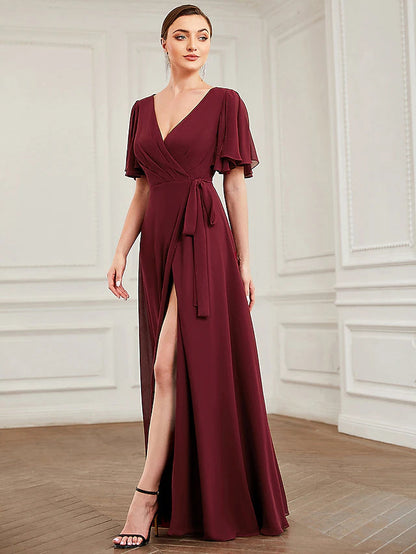 A-Line Bridesmaid Dress V Neck Short Sleeve Elegant Floor Length Chiffon with Ruffles / Draping