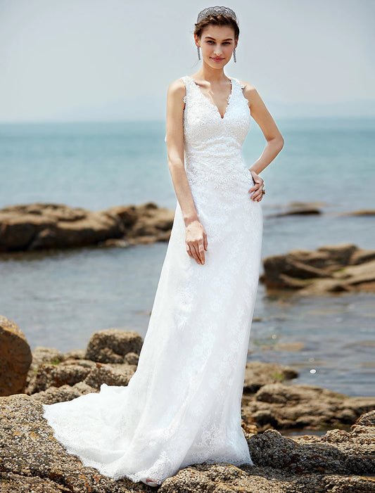 Wedding Dresses Sheath / Column V Neck Sleeveless Court Train Lace Bridal Gowns With Appliques