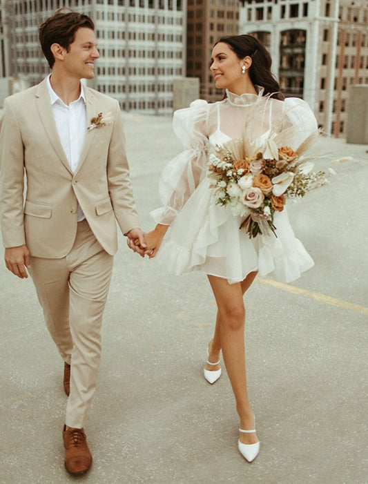 Reception Little Wedding Dresses A-Line High Neck Long Sleeve Short / Mini Organza Bridal Gowns