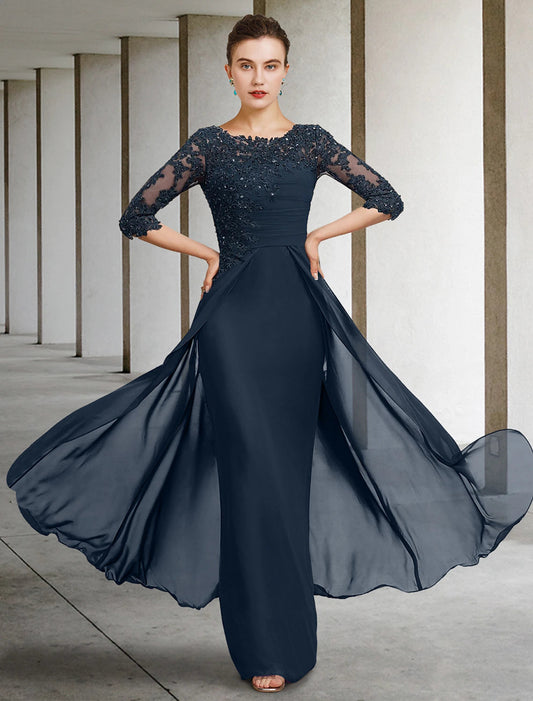 Sheath / Column Mother of the Bride Dress Wedding Guest Elegant Jewel Neck Floor Length Chiffon Lace Half Sleeve with Sequin Ruching