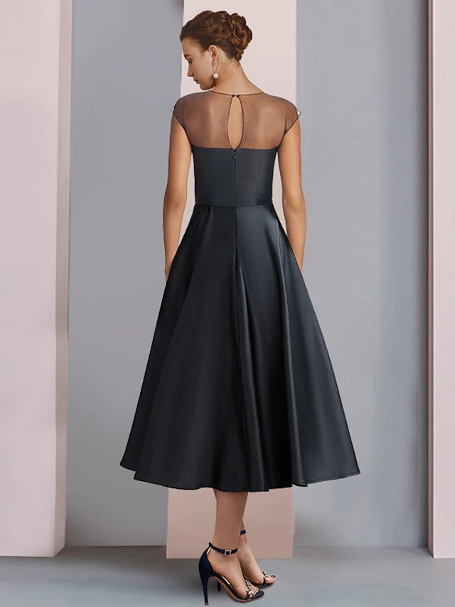 A-Line Mother of the Bride Dress Wedding Guest Party Elegant Scoop Neck Tea Length Satin Half Sleeve with Flower
