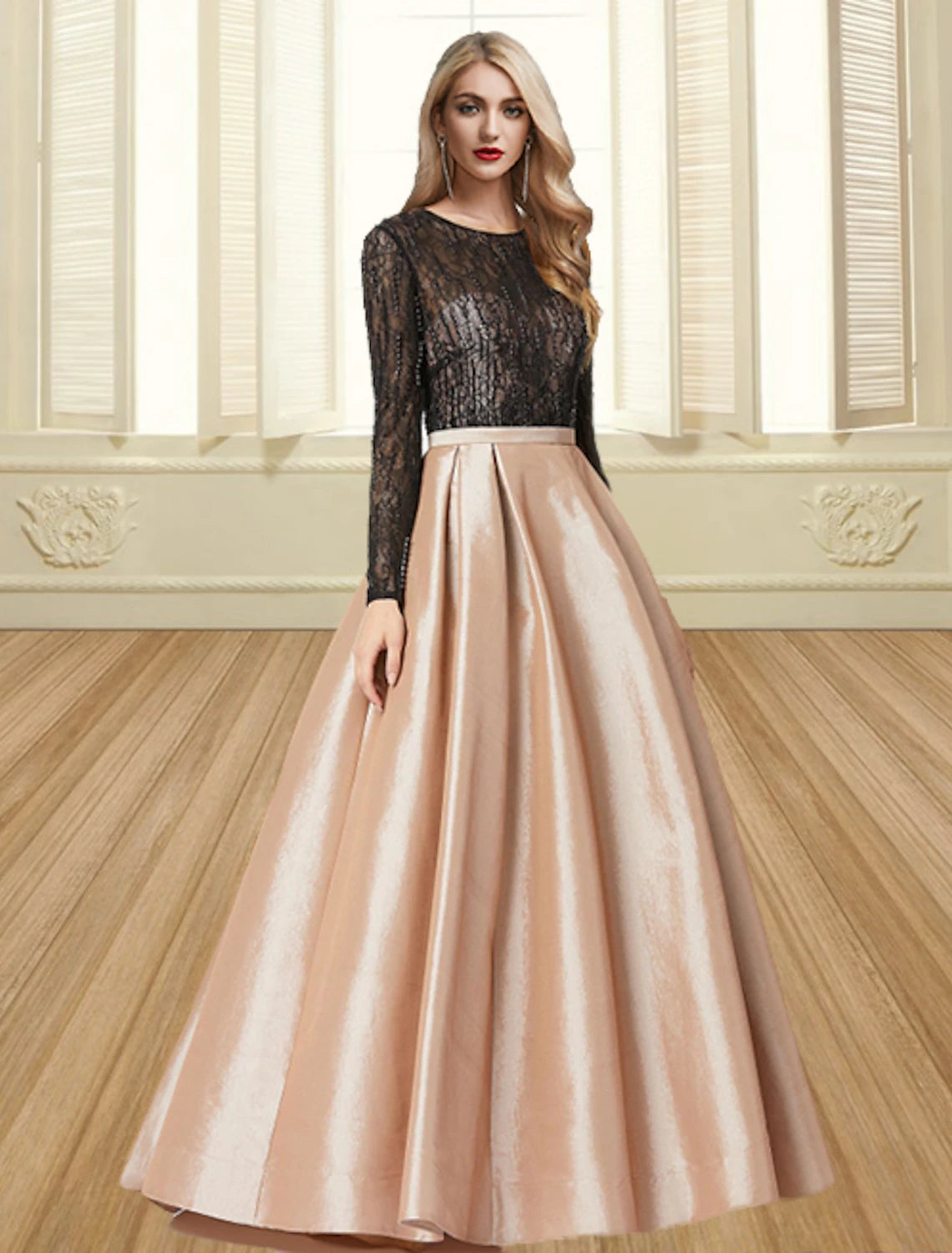 Ball Gown Evening Gown Color Block Dress Engagement Formal Evening Floor Length Long Sleeve Jewel Neck Satin
