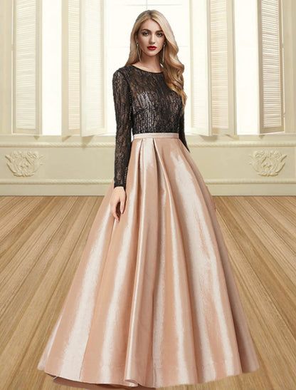 Ball Gown Evening Gown Color Block Dress Engagement Formal Evening Floor Length Long Sleeve Jewel Neck Satin