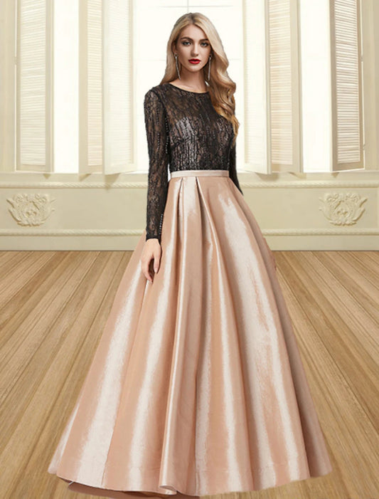 Ball Gown Evening Gown Color Block Dress Engagement Formal Evening Floor Length Long Sleeve Jewel Neck Satin