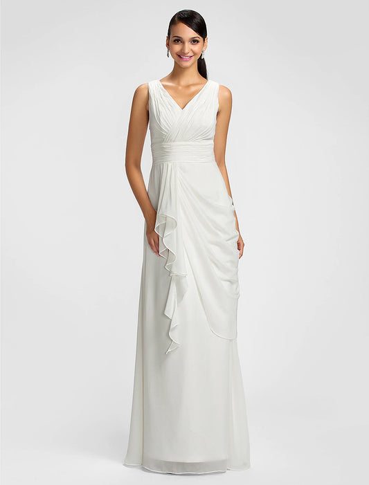 Sheath / Column V Neck Floor Length Chiffon Bridesmaid Dress with Draping / Sash