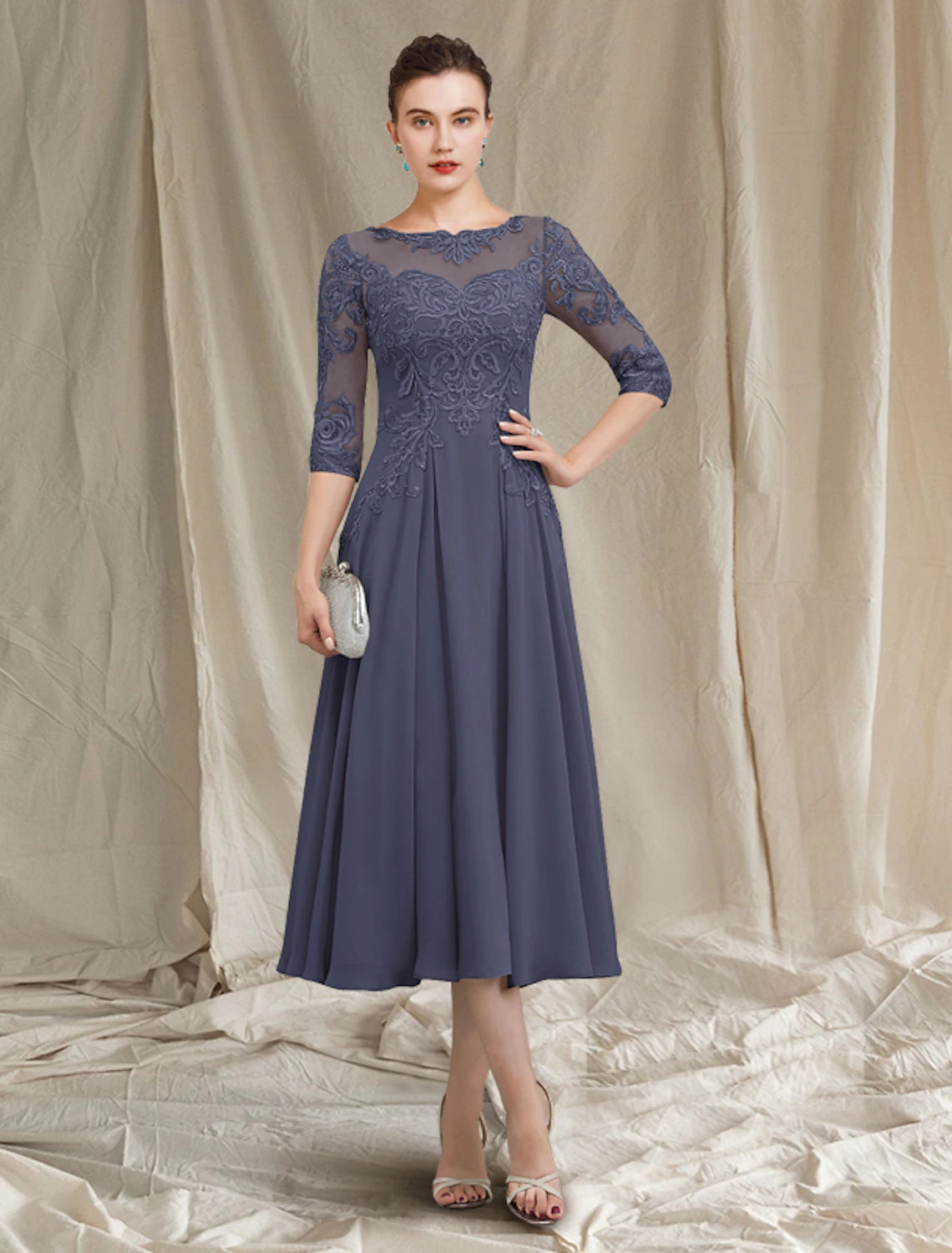 A-Line Mother of the Bride Dress Elegant Jewel Neck Tea Length Chiffon Lace Half Sleeve with Pleats