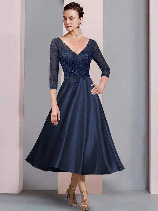 A-Line Mother of the Bride Dress Formal Wedding Guest Elegant V Neck Tea Length Satin Lace 3/4 Length Sleeve with Bow(s)