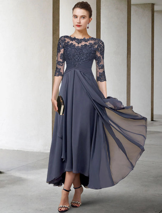 A-Line Mother of the Bride Dress Fall Wedding Guest Plus Size Elegant High Low Jewel Neck Asymmetrical Tea Length Chiffon Lace Half Sleeve with Ruched