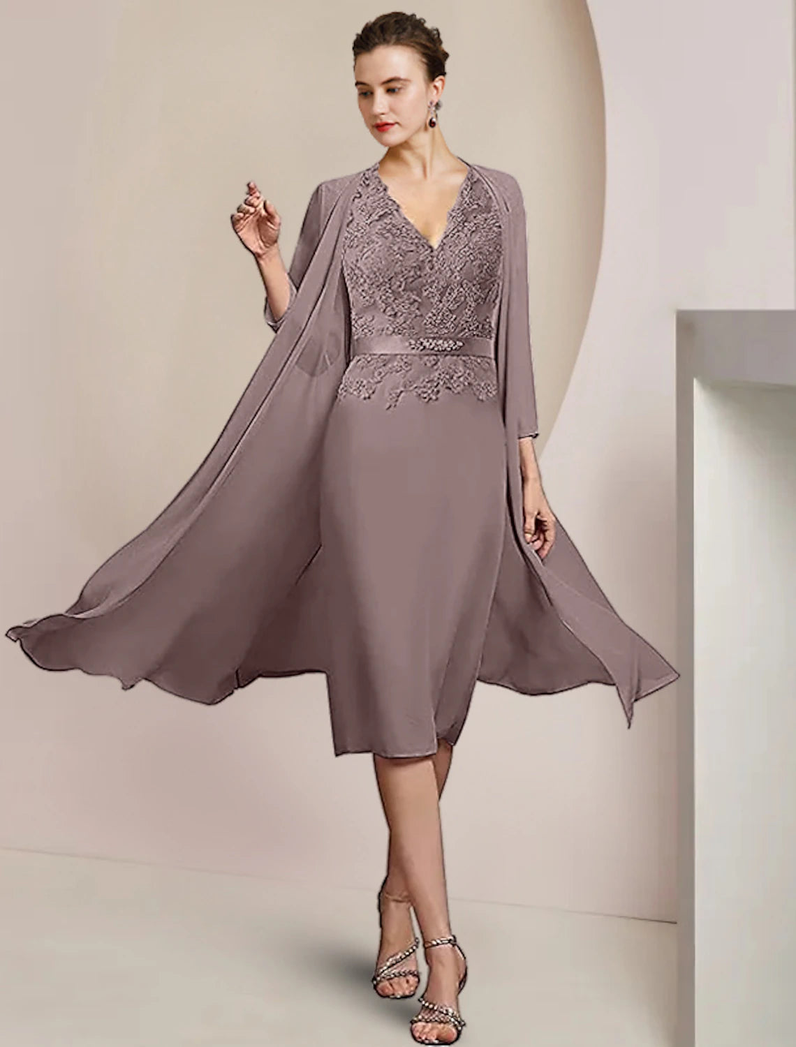 Two Piece Sheath / Column Mother of the Bride Dress Formal Wedding Guest Elegant V Neck Knee Length Chiffon Lace Sleeveless Jacket Dresses with Appliques Crystal