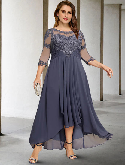 A-Line Mother of the Bride Dresses Plus Size Hide Belly Curve Elegant Fall Wedding Guest Dress Formal Asymmetrical 3/4 Length Sleeve Jewel Neck Chiffon with Pleats Ruched