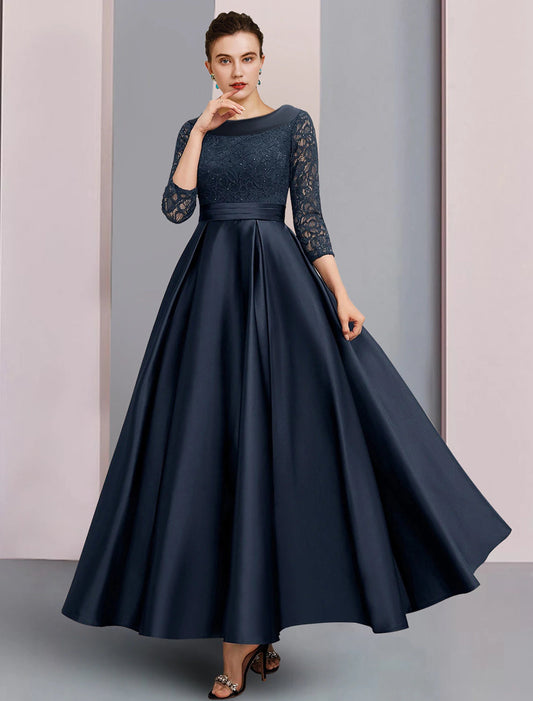 A-Line Mother of the Bride Dress Formal Wedding Guest Elegant Vintage Bateau Neck Ankle Length Satin Lace 3/4 Length Sleeve with Pleats