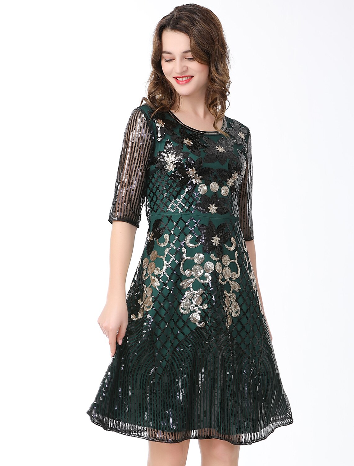 A-Line Cocktail Dresses Vintage Dress Holiday Knee Length Half Sleeve Jewel Neck Cotton Blend with Sequin