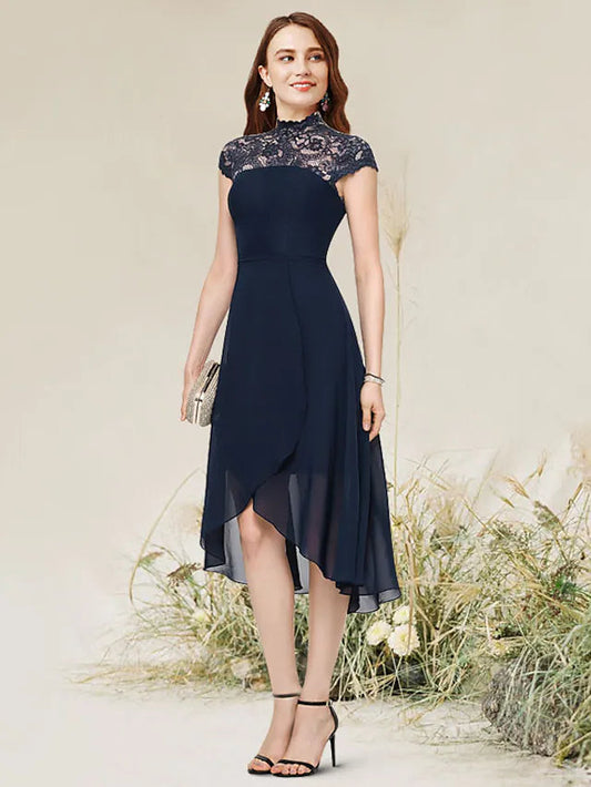 A-Line Cocktail Dresses Flirty Dress Homecoming Asymmetrical Sleeveless Jewel Neck Chiffon with Lace