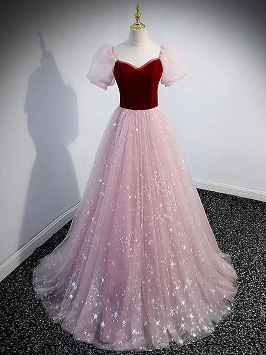 A-Line Prom Dresses Princess Dress Prom Floor Length Short Sleeve Sweetheart Tulle with