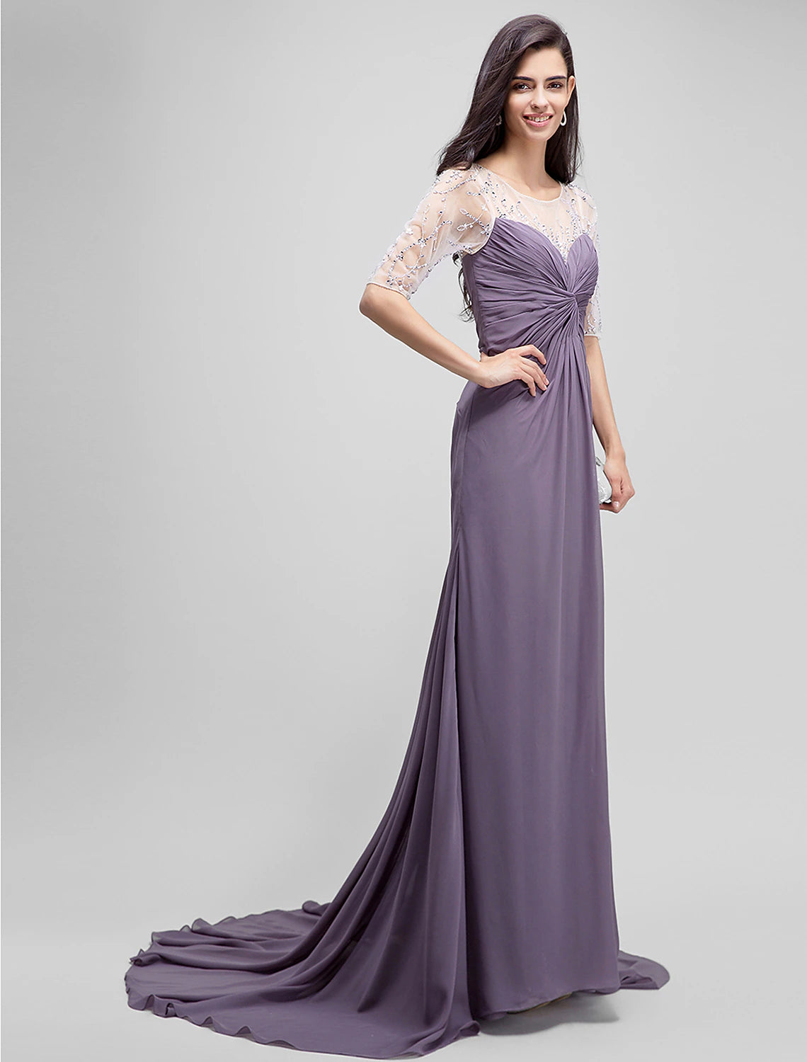 A-Line Mother of the Bride Dress Elegant Scoop Neck Floor Length Chiffon Half Sleeve No with Criss Cross