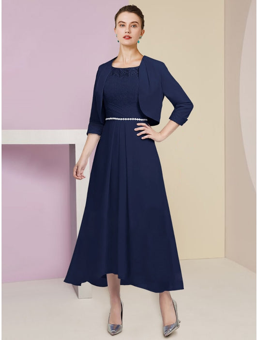 A-Line Mother of the Bride Dress Wedding Guest Elegant Scoop Neck Ankle Length Stretch Chiffon Half Sleeve with Crystals