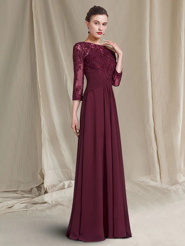 Sheath / Column Mother of the Bride Dress Plus Size Elegant Jewel Neck Floor Length Chiffon Lace 3/4 Length Sleeve with Ruched