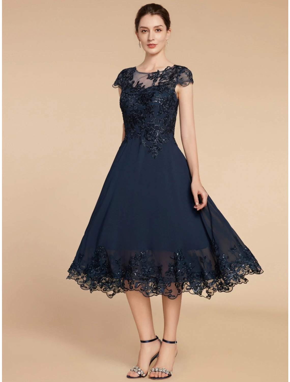 A-Line Mother of the Bride Dress Wedding Guest Elegant Petite Scoop Neck Tea Length Chiffon Lace Cap Sleeve with Sequin Ruching