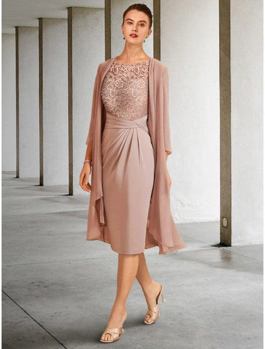 A-Line Mother of the Bride Dress Wedding Guest Elegant Petite Scoop Neck Knee Length Chiffon 3/4 Length Sleeve with Lace Ruching