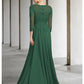 A-Line Mother of the Bride Dress Elegant Jewel Neck Floor Length Chiffon Lace 3/4 Length Sleeve with Pleats