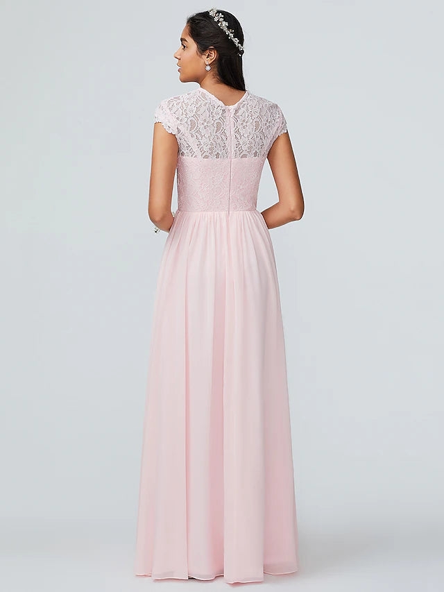 A-Line Bridesmaid Dress Jewel Neck Sleeveless Elegant Floor Length Chiffon with Lace Sparkle & Shine