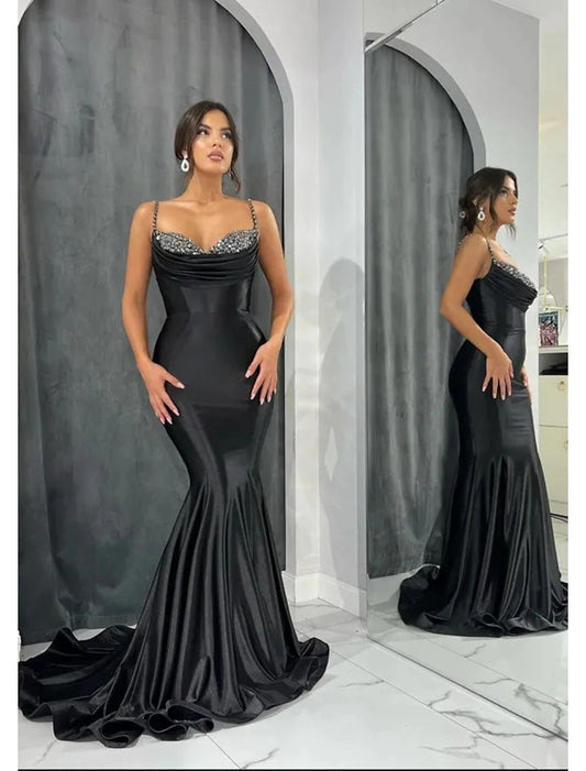 Mermaid / Trumpet Evening Gown Open Back Dress Formal Evening Court Train Sleeveless Sweetheart Satin with Glitter