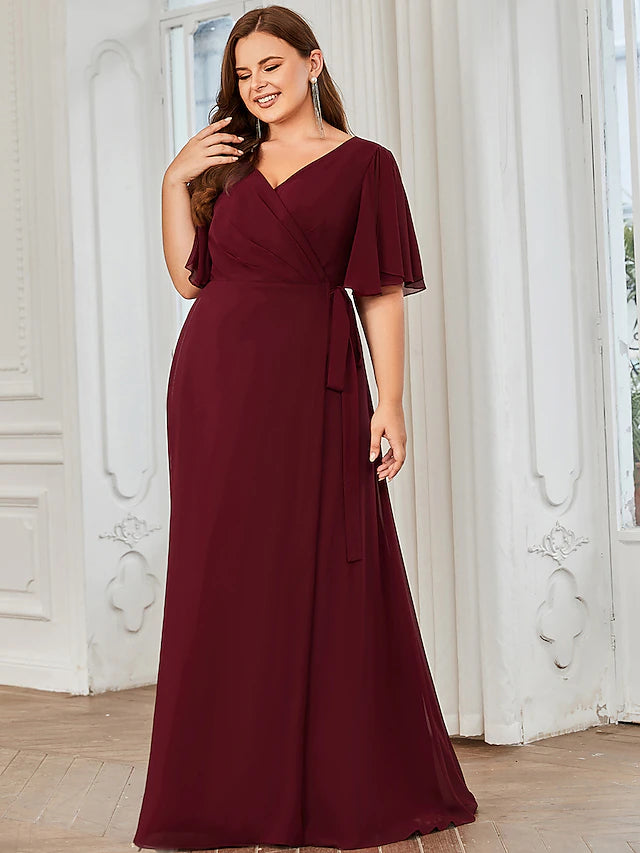 A-Line Bridesmaid Dress V Neck Short Sleeve Elegant Floor Length Chiffon with Ruffles / Draping