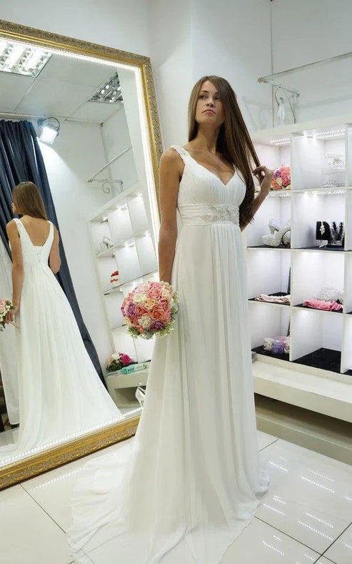 Greek Empire Strapped V-Neck Empire Chiffon Weddig Dress White Elegant