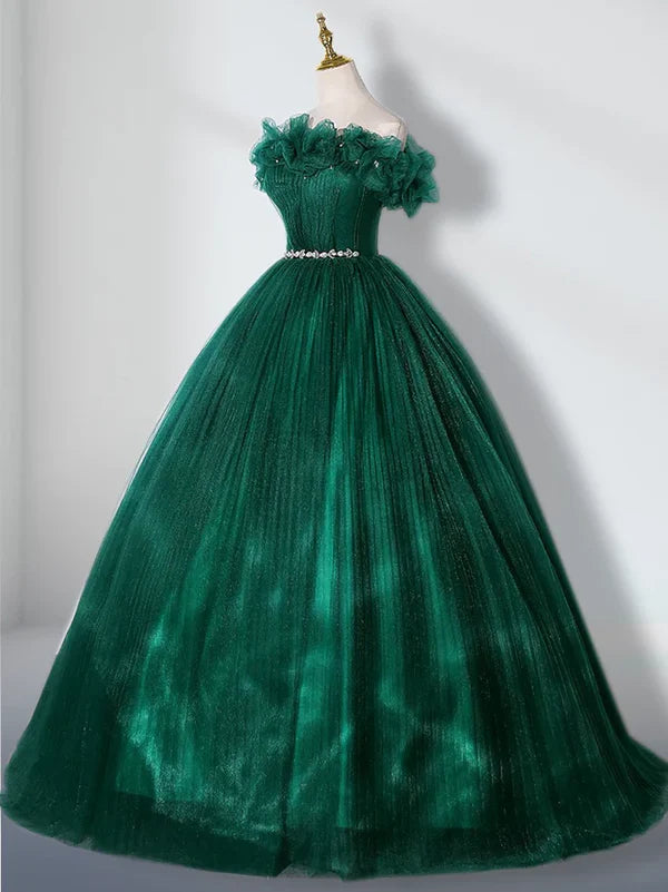 Green off shoulder sheer long adult dress Quinceanera Dress