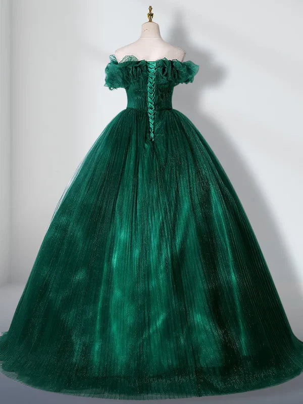 Green off shoulder sheer long adult dress Quinceanera Dress