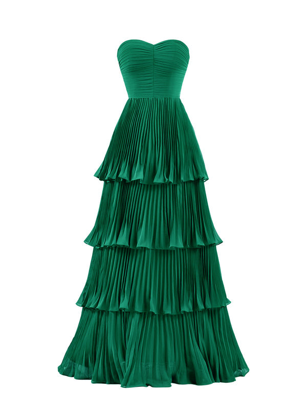 Strapless Emerald Green Ruffle Multi-Layer Long Prom Dress Off Shoulder