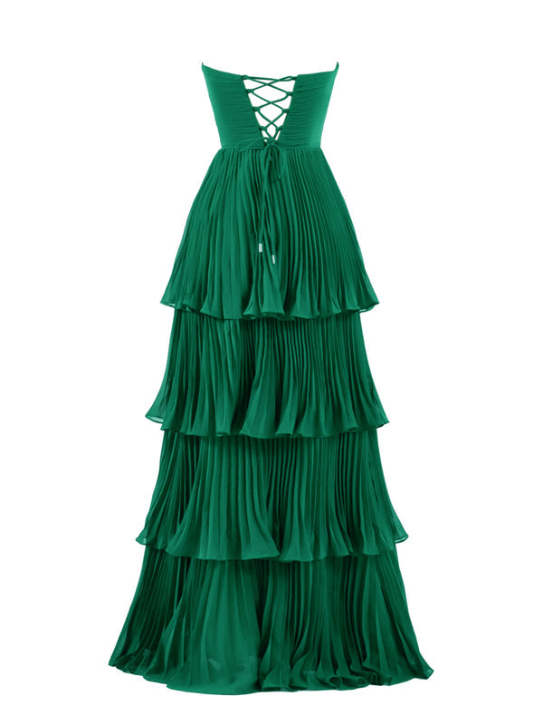 Strapless Emerald Green Ruffle Multi-Layer Long Prom Dress Off Shoulder