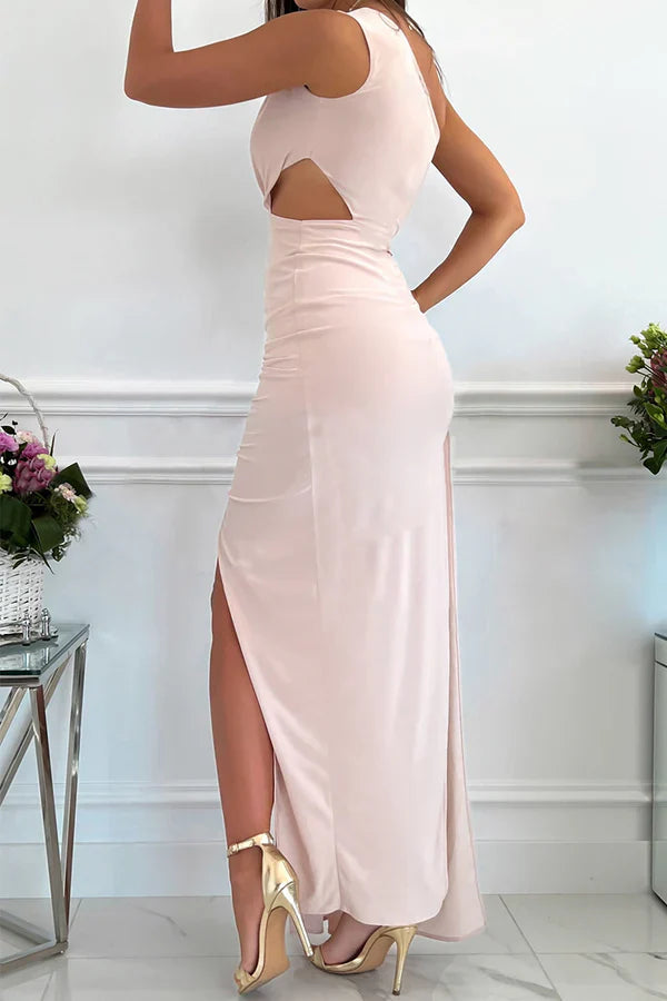 Fashionable hollow out diagonal collar sleeveless evening dress One Shoulder Party Dress