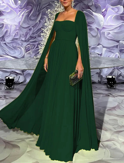 A-Line Evening Gown Elegant Cape Green Dress Formal Fall Floor Length Long Sleeve Square Neck Chiffon Party Dresses