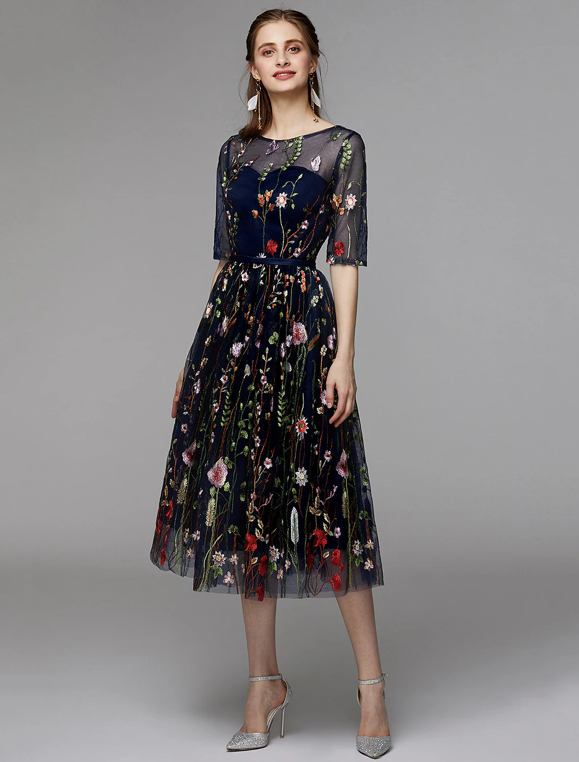 A-Line Party Dress Holiday Tea Length Half Sleeve Illusion Neck Organza with Embroidery