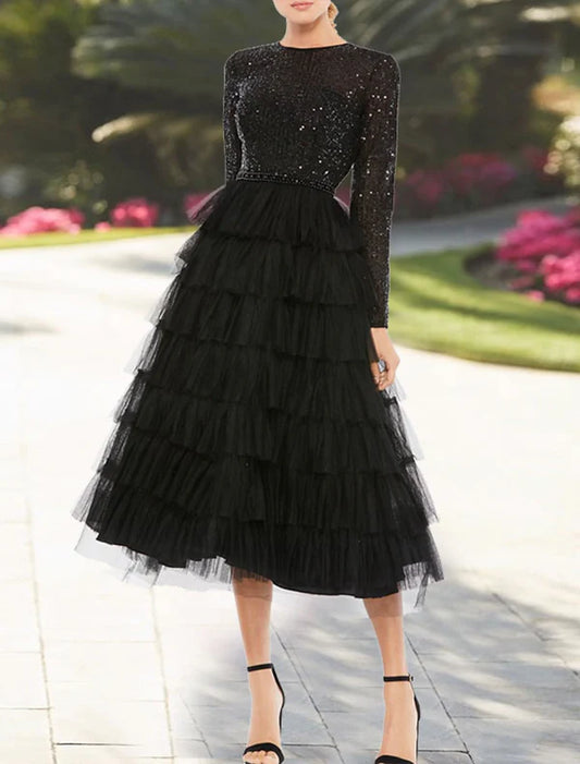 A-Line Cocktail Dresses Elegant Dress Wedding Guest Party Wear Tea Length Long Sleeve Jewel Neck Fall Wedding Guest Tulle with Sequin